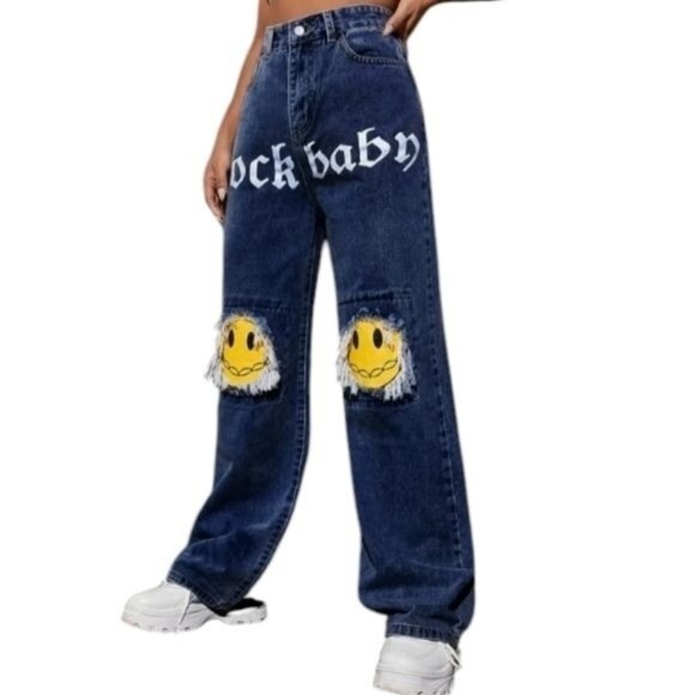 Shein Women's High Waist 'rock baby' Smiley Emoji Blue Jeans Wide Leg 6M